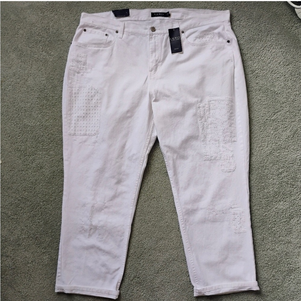 Ralph Lauren White Eyelet Embellished Relaxed Taper Patchwork Jeans 18W